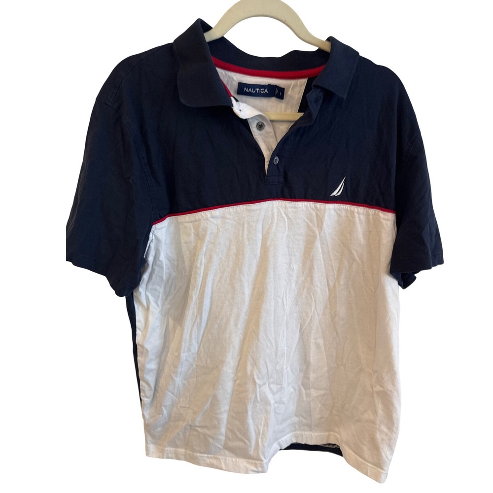 Nautica‎ Mens Polo Shirt Navy White Red Colorblock Short Sleeve Size L